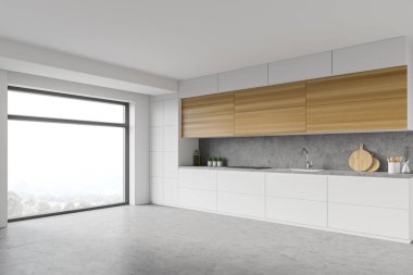 Modern mutfağın köşesinde beyaz ve taş duvarlar, ocağı ve lavabosu olan beyaz tezgahlar ve ahşap dolaplar. Bulanık dağ manzaralı bir pencere. 3d oluşturma