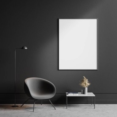 Minimalist oturma odasının içinde koyu gri duvarlar, beton zemin, üzerinde dikey maket posteri olan kare kahve masasının yanında duran rahat gri koltuk. 3d oluşturma
