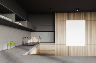 Gri ve taş duvarları olan şık bir mutfak, lavaboda yapılmış rahat ahşap tezgahlar, bulaşık rafları ve dikey maket posterleri. 3d oluşturma