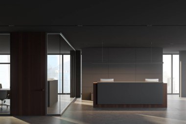 Gri duvarları, beton zemini, rahat gri ve ahşap resepsiyon masası, iki bilgisayar ve bulanık şehir manzaralı pencereleri olan minimalist şirket ofisinin içi. 3d oluşturma