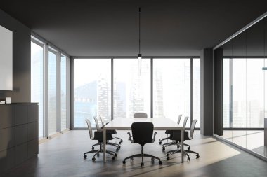 Gri duvarları, beton zemini, uzun beyaz toplantı masası ve bulanık manzaralı penceresi olan panoramik toplantı odasının içi. 3d oluşturma