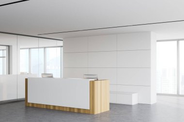 Beyaz ve cam duvarları olan panoramik şirket ofisinin köşesi, beton zemin ve iki bilgisayarlı şık beyaz ve ahşap resepsiyon masası. Bulanık şehir manzarası. 3d oluşturma