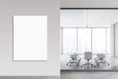Beyaz ve cam duvarlı modern toplantı odasının içi, beton zemin, beyaz sandalyeli uzun konferans masası ve bulanık şehir manzaralı pencere. Salonda dikey maket posteri. 3d oluşturma