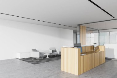 Beyaz duvarları, beton zemini, yuvarlak kahve masası ve ahşap kabul masası olan rahat gri koltukları olan şirket bekleme odası. 3d oluşturma