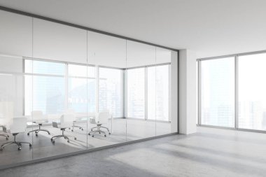 Beyaz ve cam duvarlı şık konferans odasının köşesi, beton zemin, beyaz sandalyeli uzun masa ve bulanık şehir manzaralı pencere. 3d oluşturma