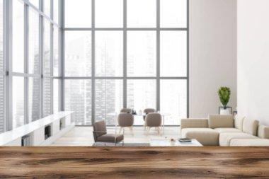 Ürününüz için bulanık panoramik oturma odasında beyaz duvarlı, rahat bej kanepe ve kare sehpanın yanındaki kahverengi koltuk. Yemek odası arka planda. 3D oluşturma maketi