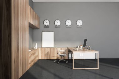 Gri duvarları, beton zemini, ahşap bilgisayar masası ve kitaplıkları olan şık bir CEO ofisi. Dünya saatini ve dikey maket posterini gösteren saatler dizisi. 3d oluşturma