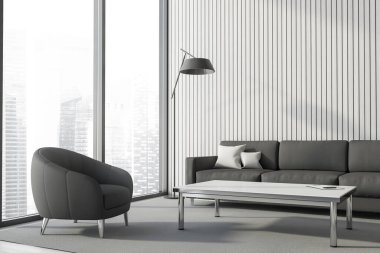 Beyaz duvarlı şık ofis bekleme odasının köşesi, yer lambalı gri koltuklar ve beyaz sehpanın yanındaki rahat kanepe. Bulanık şehir manzaralı panoramik pencere. 3d oluşturma