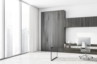 Beyaz duvarları, beton zemini, karanlık ahşap bilgisayar masası ve kitaplıkları olan panoramik CEO ofisinin köşesi. Bulanık şehir manzaralı bir pencere. 3d oluşturma