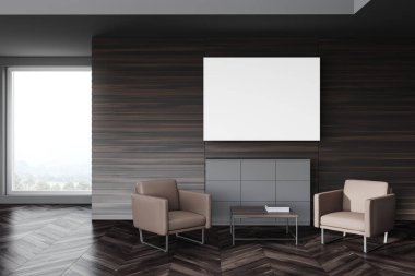 Ofis bekleme odasının içinde gri ve koyu ahşap duvarlar, sehpanın yanında duran iki deri koltuk ve yatay taklit poster. Bulanık dağ manzaralı bir pencere. 3d oluşturma