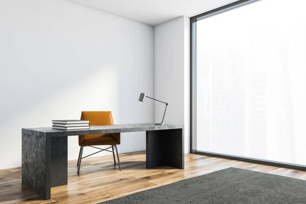 Corner Minimalistic Ceo Office White Walls Wooden Floor Panoramic Window — Stock Photo, Image