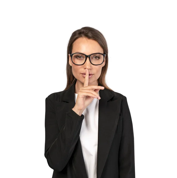 Retrato Isolado Bela Jovem Empresária Europeia Óculos Fazendo Sinal Silêncio — Fotografia de Stock