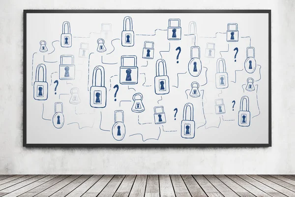Conceptual Sketch Problem Solving Choice Padlocks Question Marks Drawn Whiteboard — Stock Photo, Image