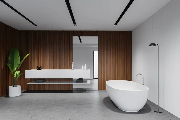 Elegante Cuarto Baño Escandinavo Interior Con Paredes Blancas Madera Suelo —  Fotos de Stock