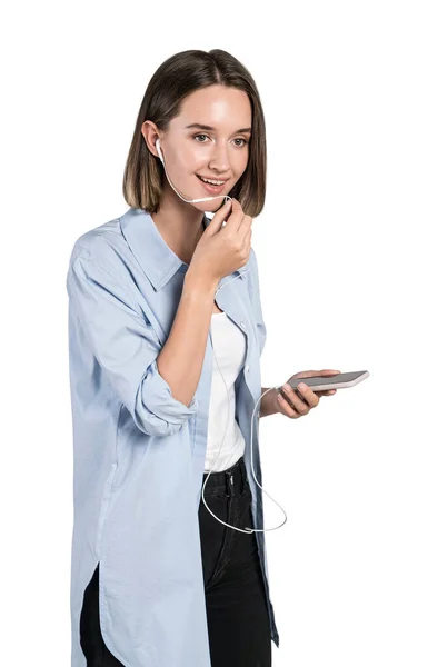 Retrato Isolado Menina Adolescente Europeia Sorridente Roupas Casuais Com Fones — Fotografia de Stock