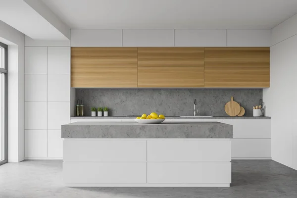 Interior Cozinha Moderna Com Paredes Brancas Pedra Bancadas Brancas Armários — Fotografia de Stock
