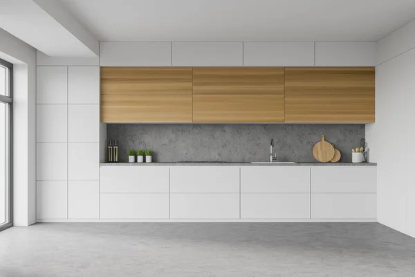 Interior Cozinha Moderna Com Paredes Brancas Pedra Bancadas Brancas Com — Fotografia de Stock