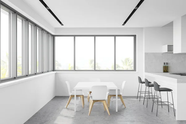 Confortável Mesa Jantar Branca Com Cadeiras Cozinha Moderna Com Paredes — Fotografia de Stock