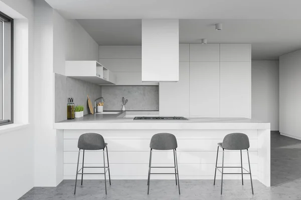 时尚厨房的内部 有白色和石墙 混凝土地面 白色台面和带有凳子的酒吧 3D渲染 — 图库照片