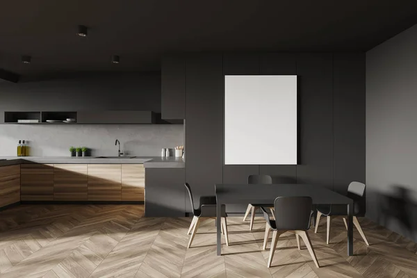 Interno Elegante Cucina Con Pareti Grigio Scuro Pietra Pavimento Legno — Foto Stock