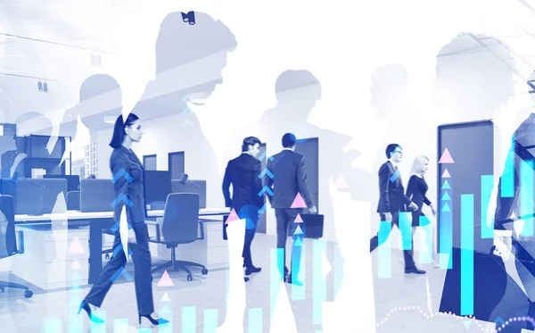 Blurry diverse business people working in modern office with double exposure of growing digital graph. Concept of teamwork and trading. Toned image