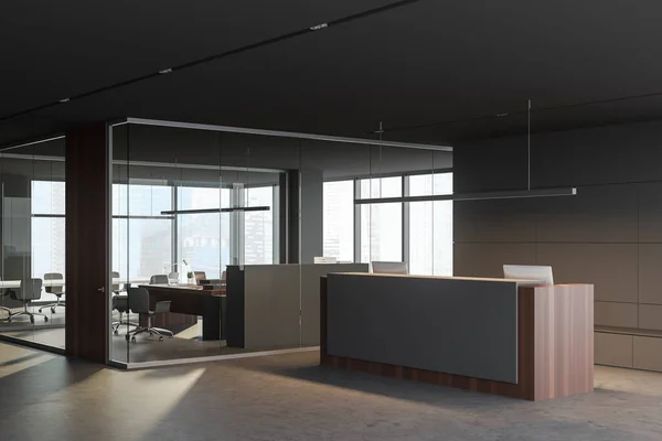 Corner of panoramic office hall with gray and glass walls, comfortable reception desk and meeting room with open space office in background. Blurry cityscape. 3d rendering