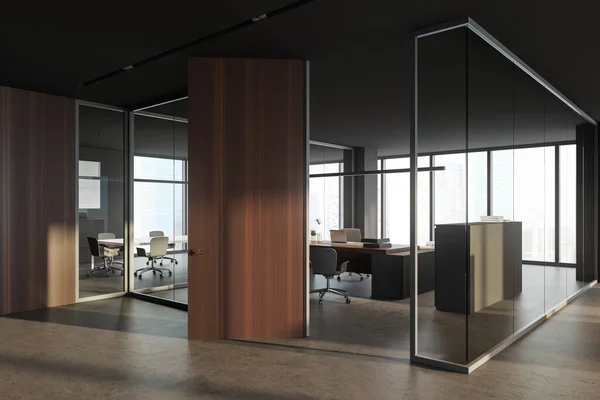 Ecke Des Modernen Ceo Büros Mit Grauen Und Gläsernen Wänden — Stockfoto