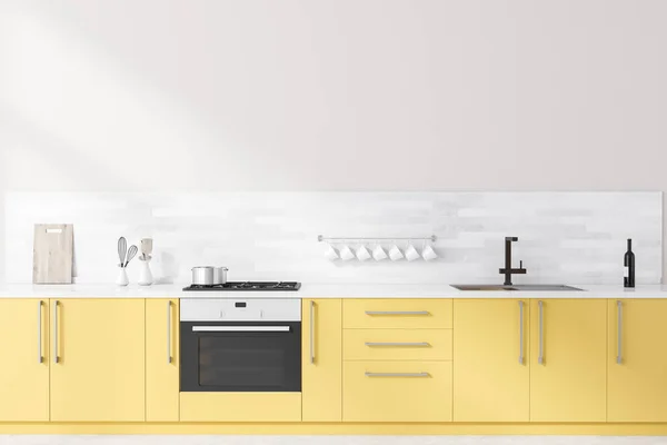 Interior Spacious Minimalistic Kitchen White Walls Concrete Floor Bright Yellow — Stock Photo, Image