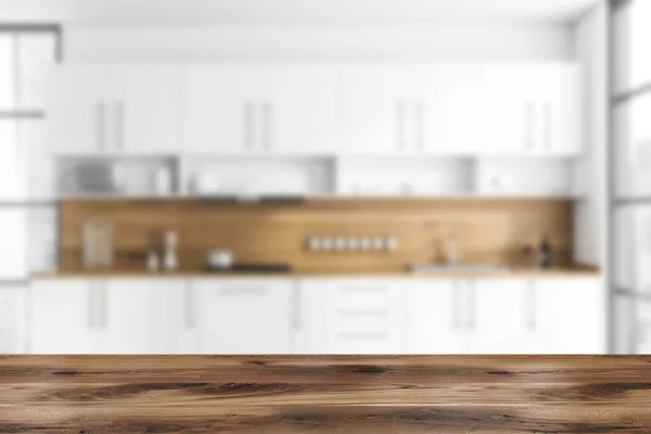 您的产品的木制桌子在模糊的厨房与白色和木制墙壁 舒适的白色台面内置炊具和水池 3D渲染模拟 — 图库照片