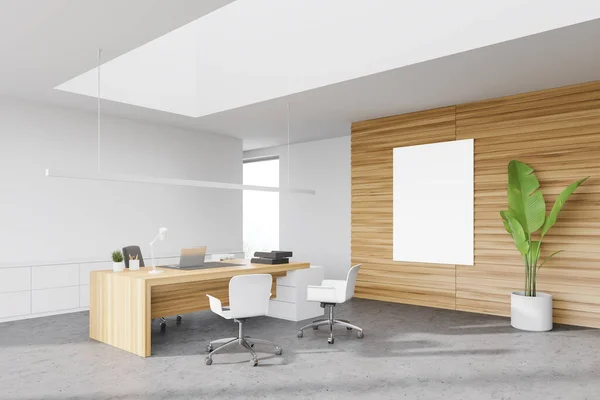 Corner Stylish Ceo Office White Wooden Walls Concrete Floor Computer — Stock Photo, Image