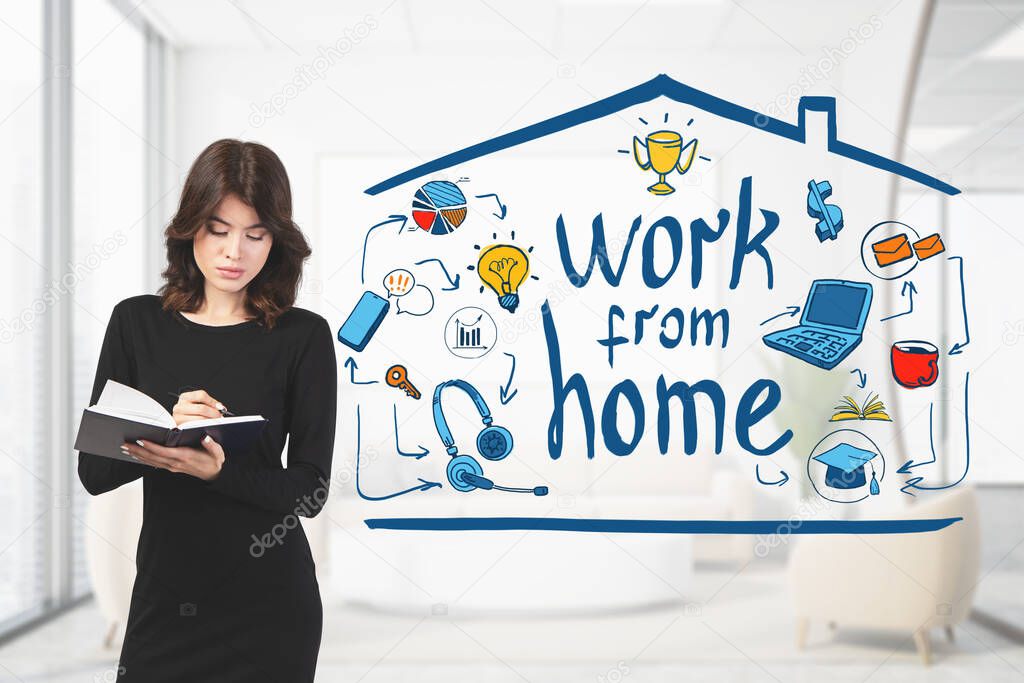 Serious young European businesswoman in black dress takes notes in blurry home office with double exposure of creative work from home sketch. Concept of freelance and work during lockdown. Toned image