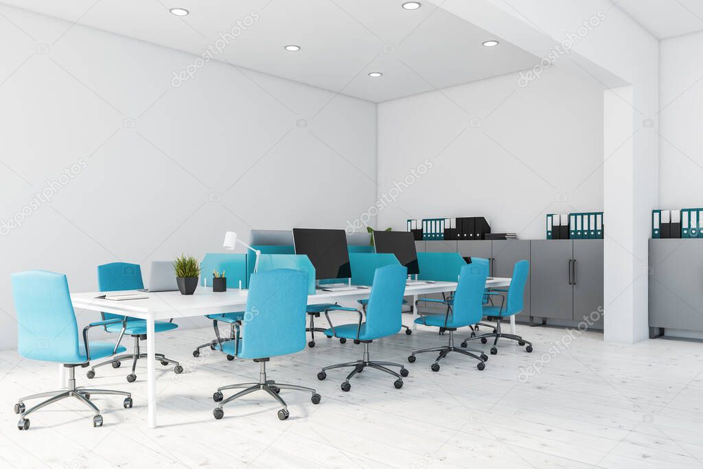Corner of open space office with white walls, wooden floor, big white computer table with blue chairs and grey file cabinets. 3d rendering