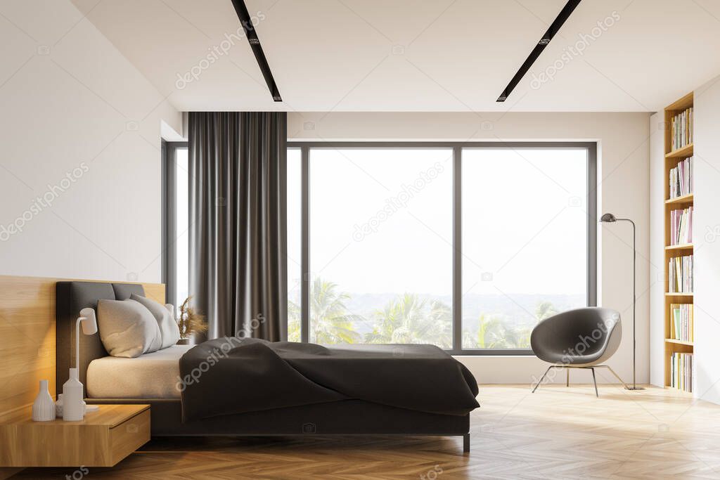Side view of modern Scandinavian style bedroom with white and wooden walls, wooden floor, grey king size bed, comfortable armchair and bookcase. Blurry tropical view. 3d rendering