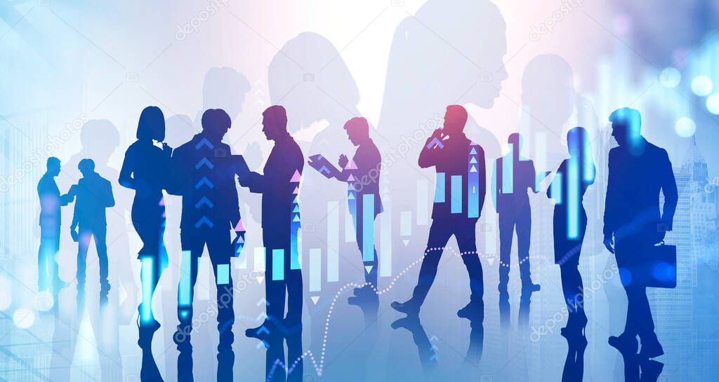 Silhouettes of diverse business team members working together in abstract city with double exposure of blurry growing financial graph. Concept of trading. Toned image