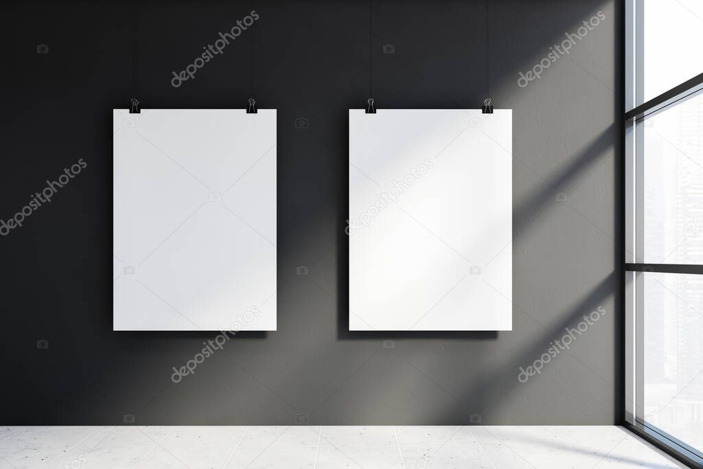 Concept of advertising. Two vertical mock up posters hanging on gray wall in room with tiled floor and window with blurry cityscape. 3d rendering