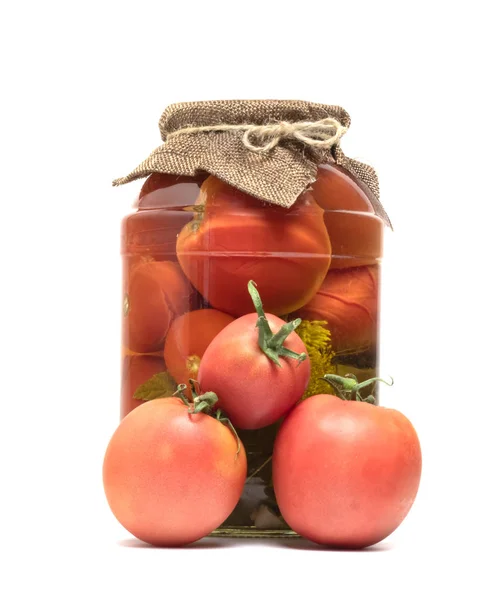 Potten Met Tomaten Blik Verse Tomaten Een Witte Achtergrond — Stockfoto