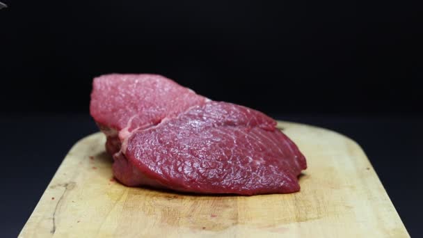 Raw Beef Steak Wooden Board Chef Cuts Raw Meat Knife — Stock Video