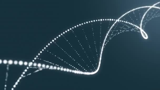 4k Geanimeerd hologram van wit gloeiend roterend Dna dubbele helix op blauwe achtergrond. DNA-molecuulstructuur — Stockvideo
