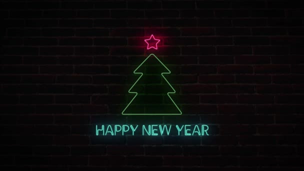 4K Happy New Year 2020 with chistmast tree neon sign background — Stock Video