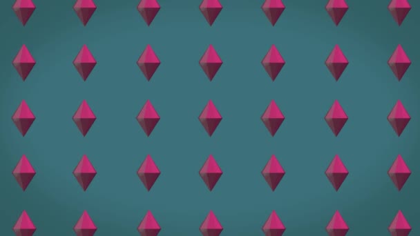 Bakgrund med många roterande rosa diamanter på grön bakgrund, 3D-animation. — Stockvideo