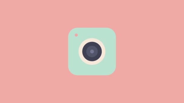 Animace ikon pohybující se fotoaparátu se zatahovacím objektivem na růžovém pozadí. — Stock video