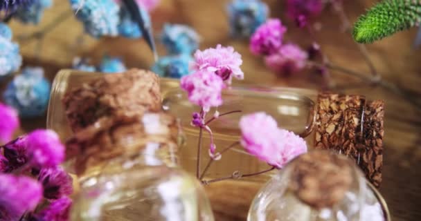 Parfum in glazen flacons met kurkdoppen tussen verse bloemen op houten ondergrond. — Stockvideo