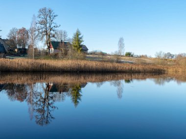  Suyun kenarında renkli ağaçlarla sonbahar manzarası ve suda harika yansımalar, güzel bir sonbahar günü.