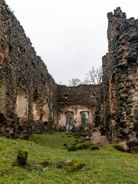  Eski şato harabeleri, yağmurlu ve sisli bir sonbahar günü