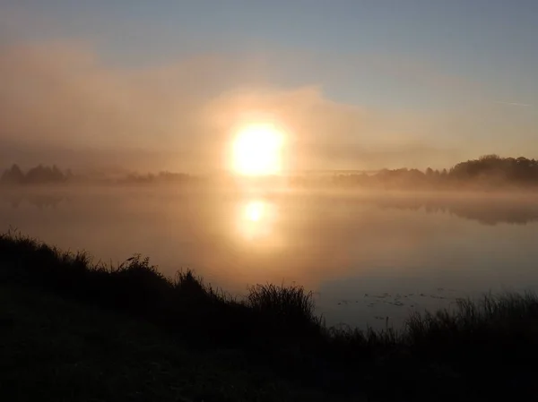 Озил Красочный Пейзаж Туманного Озера Время Восхода Солнца Мистический Рассвет — стоковое фото