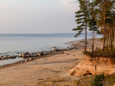Sahilde kumtaşı kayalıkları olan manzara, suda güzel yansımalar.