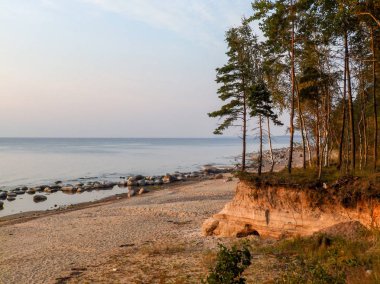 Sahilde kumtaşı kayalıkları olan manzara, suda güzel yansımalar.