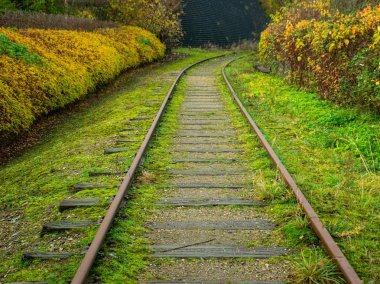 Eski demiryolu raylarıyla manzara, raylarda çimenler...