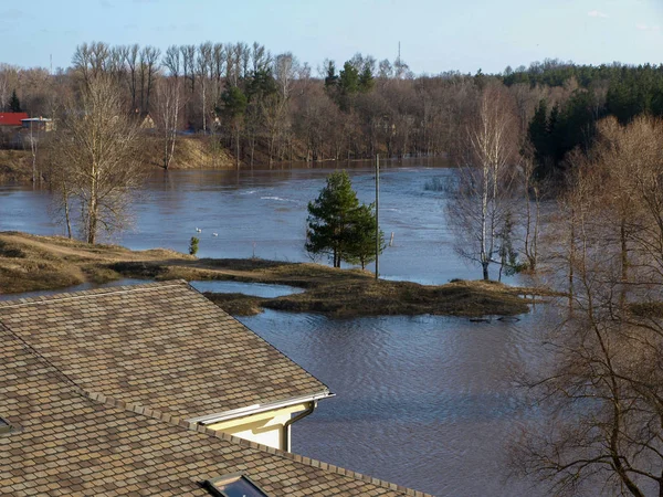 Misty Spring Landscape Flooded River View Roof — Stock Photo, Image