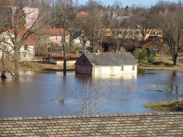 Misty Spring Landscape Flooded River View Roof — Stock Photo, Image